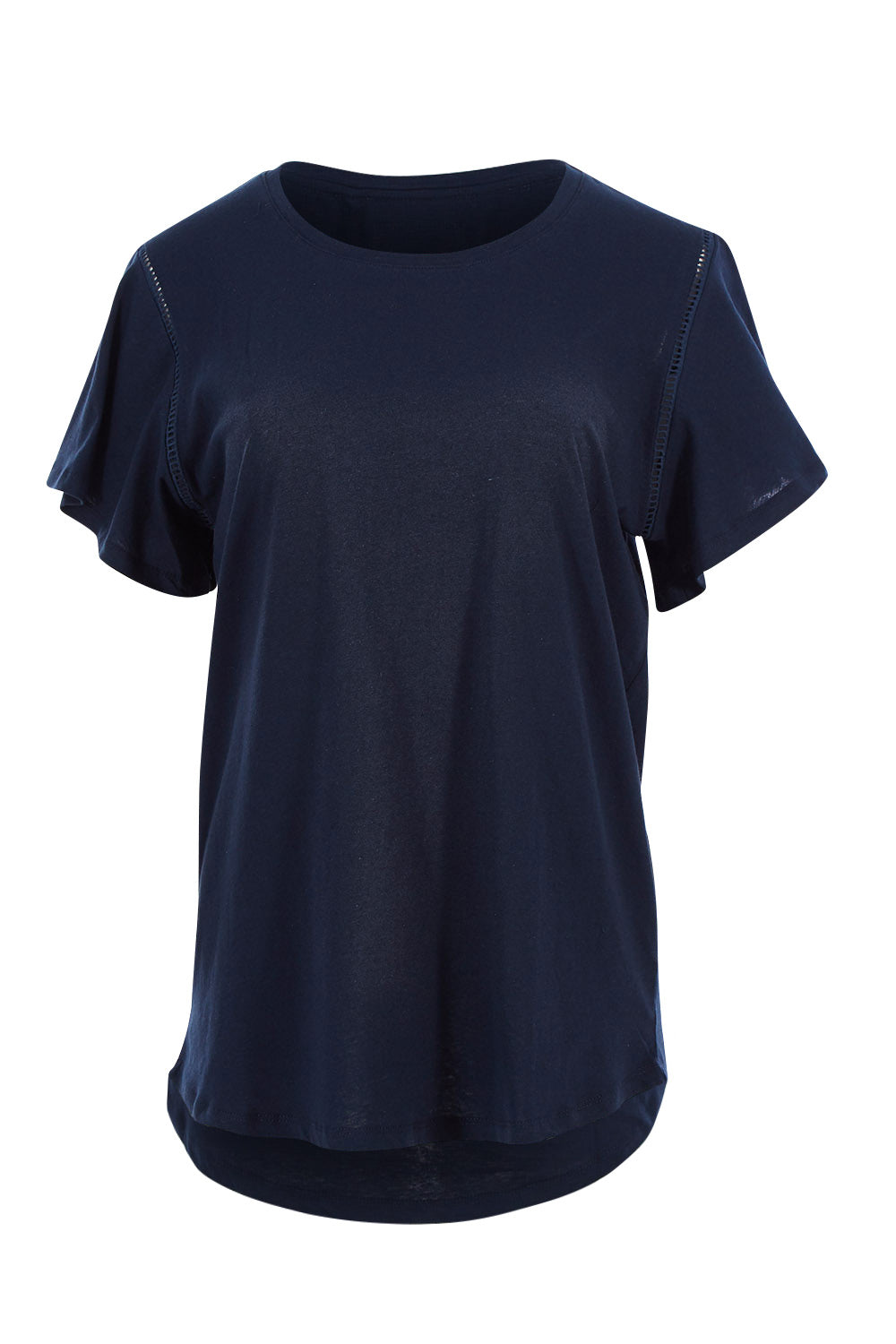 Product shot of the Lucy Flutter Tee in colour Navy (Blue), from the front