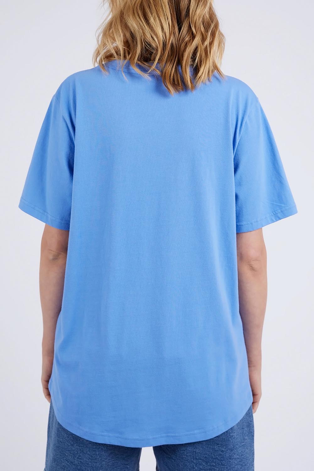 A model wearing the Holiday Sun Tee in colour Cerulean (Blue), from the back
