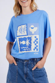 A model wearing the Holiday Sun Tee in colour Cerulean (Blue), from the front, cropped image