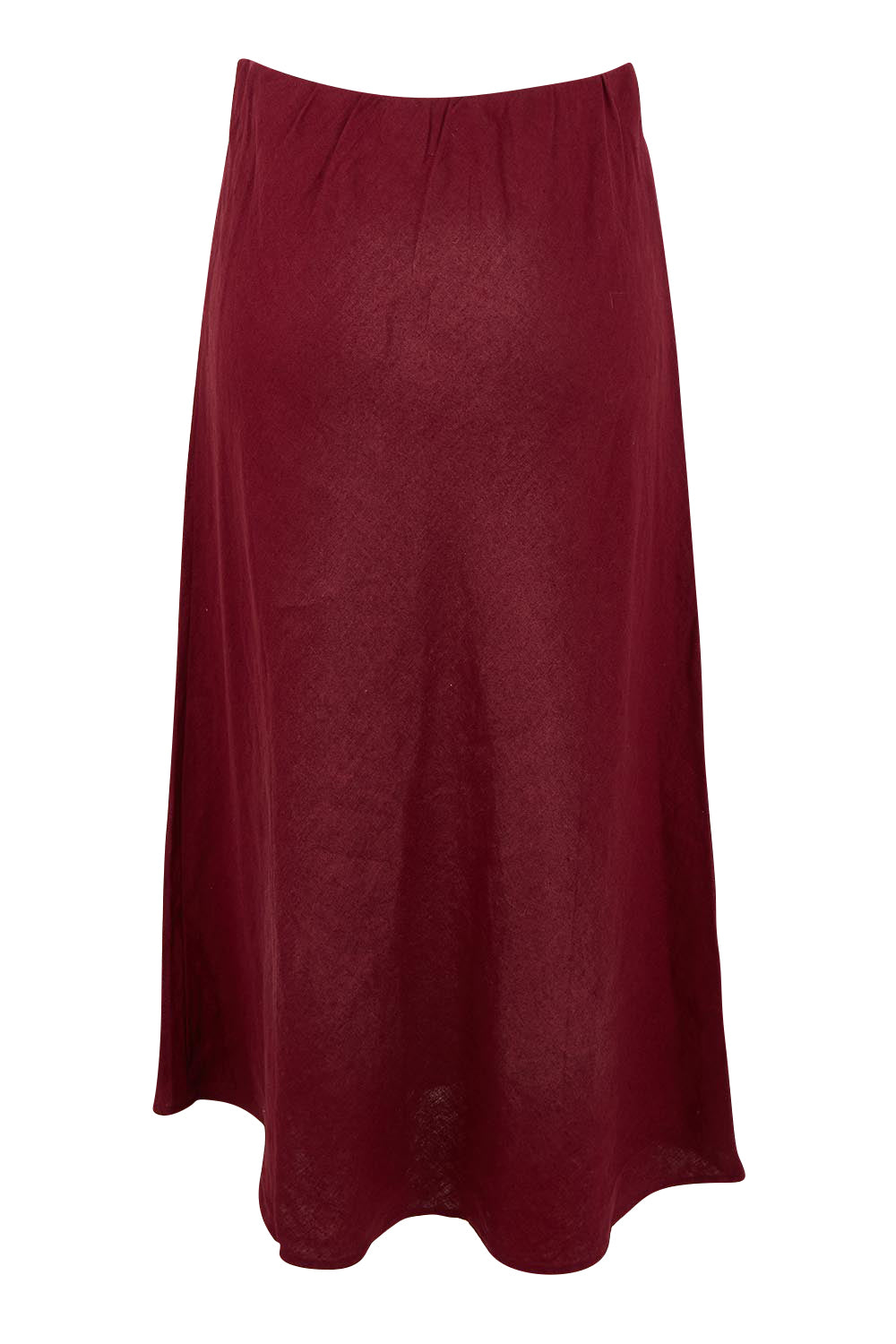 Product shot of the Eleni Linen Skirt in colour Plum (Red), from the back