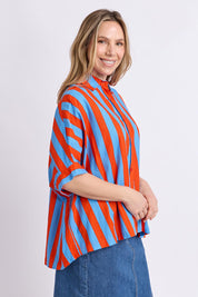 Model Genericm wearing size sample of the Palermo Stripe Shirt – Tangblue in colour Tangblue, from an angle