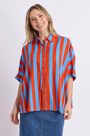 Model Genericm wearing size sample of the Palermo Stripe Shirt – Tangblue in colour Tangblue, in a cropped view