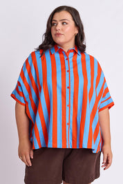 Model Genericm wearing size sample of the Palermo Stripe Shirt – Tangblue in colour Tangblue, in a cropped view