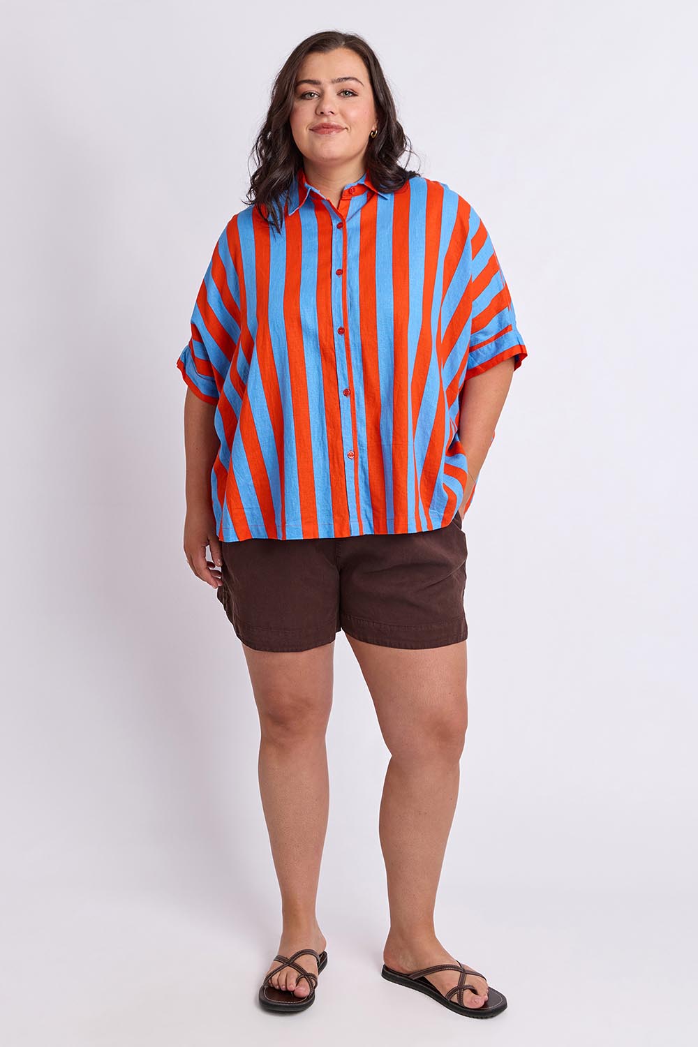 Model Genericm wearing size sample of the Palermo Stripe Shirt – Tangblue in colour Tangblue, from the front