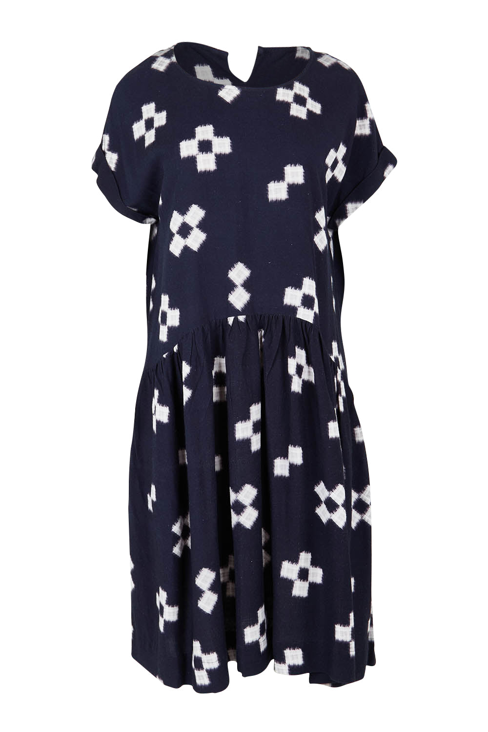 Product shot of the Positano Linen Blend Dress in colour Navyprint (Blue), from the front
