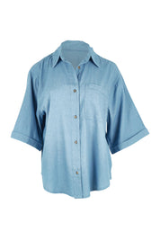 Product shot of the Blissful Chambray Ss Shirt in colour Midblue (Blue), from the front