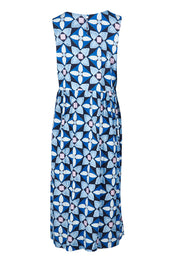 Product shot of the Painted Tile Linen Blend Dress in colour Geoprint (Blue), from the back