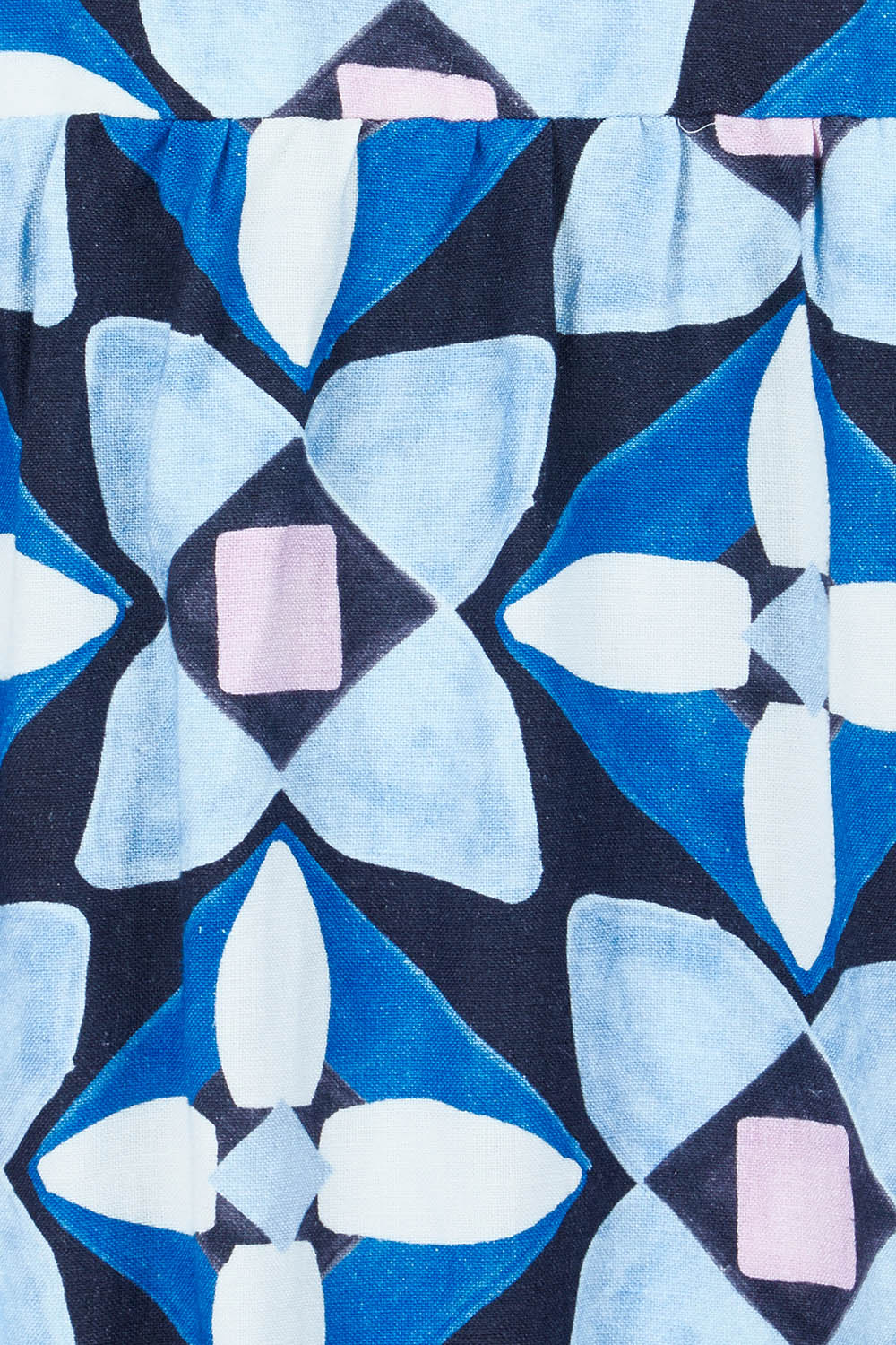 Product shot of the Painted Tile Linen Blend Dress in colour Geoprint (Blue), detail