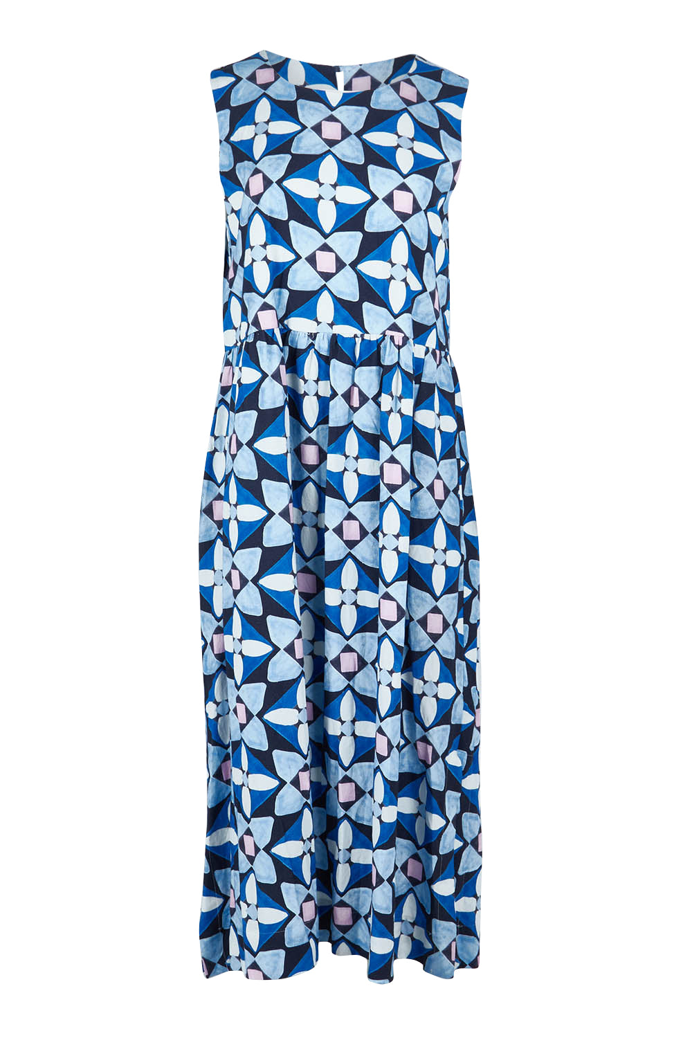Product shot of the Painted Tile Linen Blend Dress in colour Geoprint (Blue), from the front