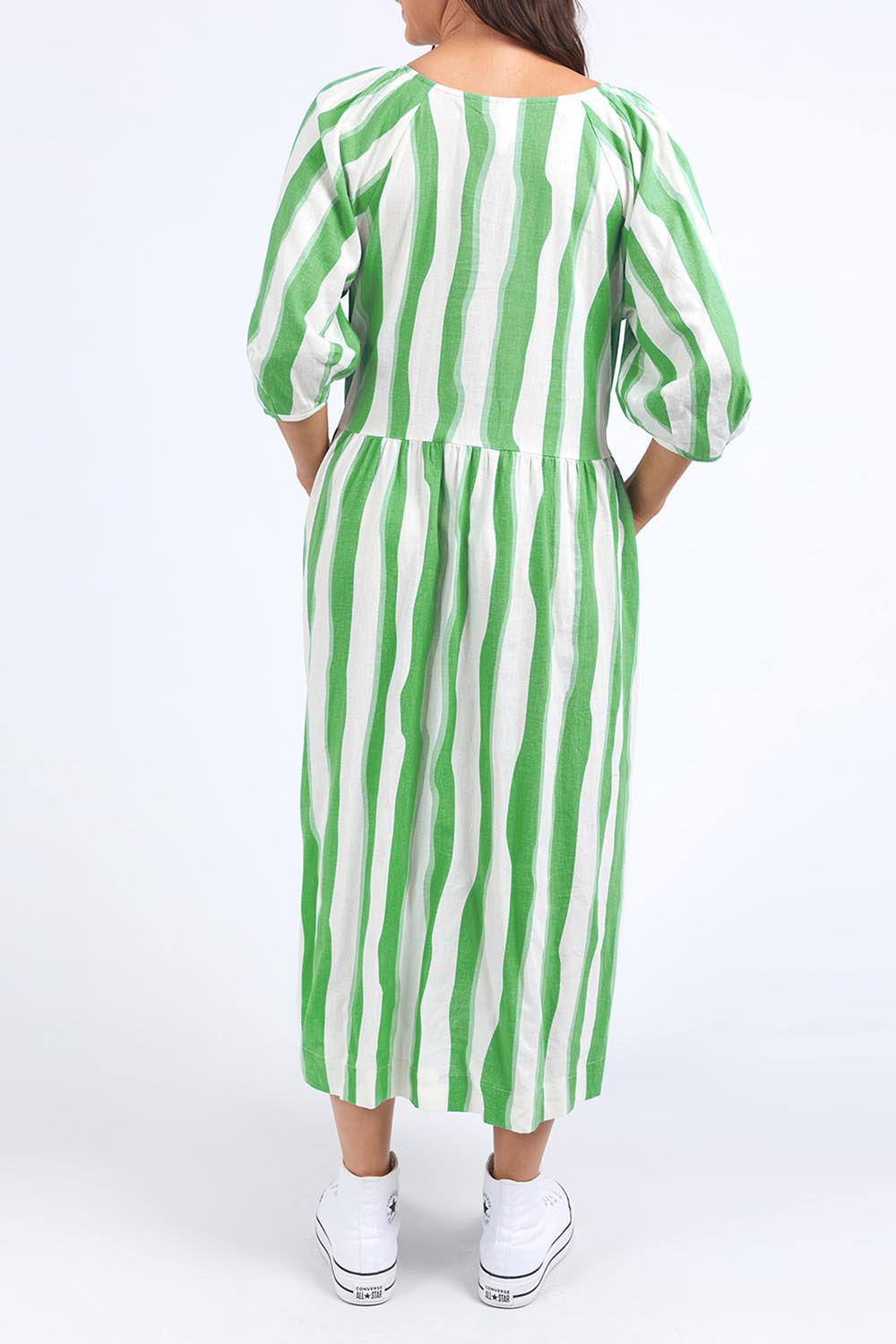 A model wearing the Spritz Stripe Linen Blend Dress in colour Greenwhite (Green), from the back