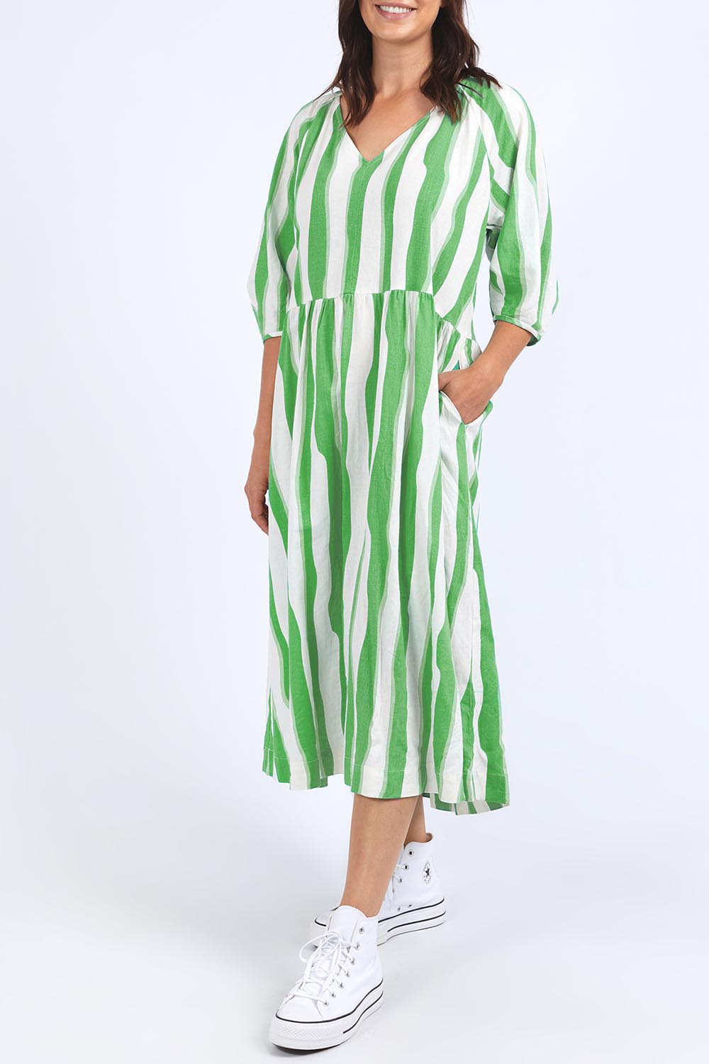 A model wearing the Spritz Stripe Linen Blend Dress in colour Greenwhite (Green), from the front, cropped image