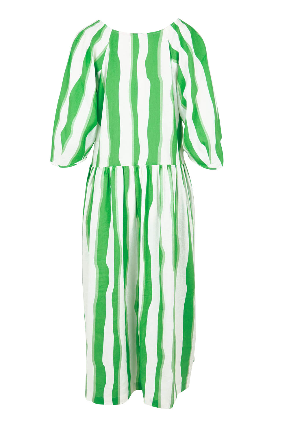 Product shot of the Spritz Stripe Linen Blend Dress in colour Greenwhite (Green), from the back