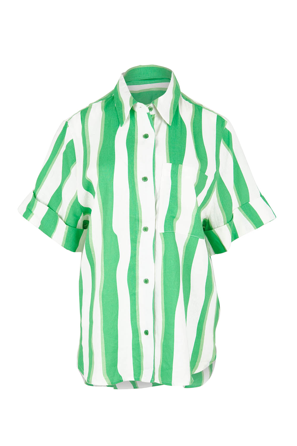 Product shot of the Spritz Stripe Linen Blend Shirt in colour Greenwhite (Green), from the front