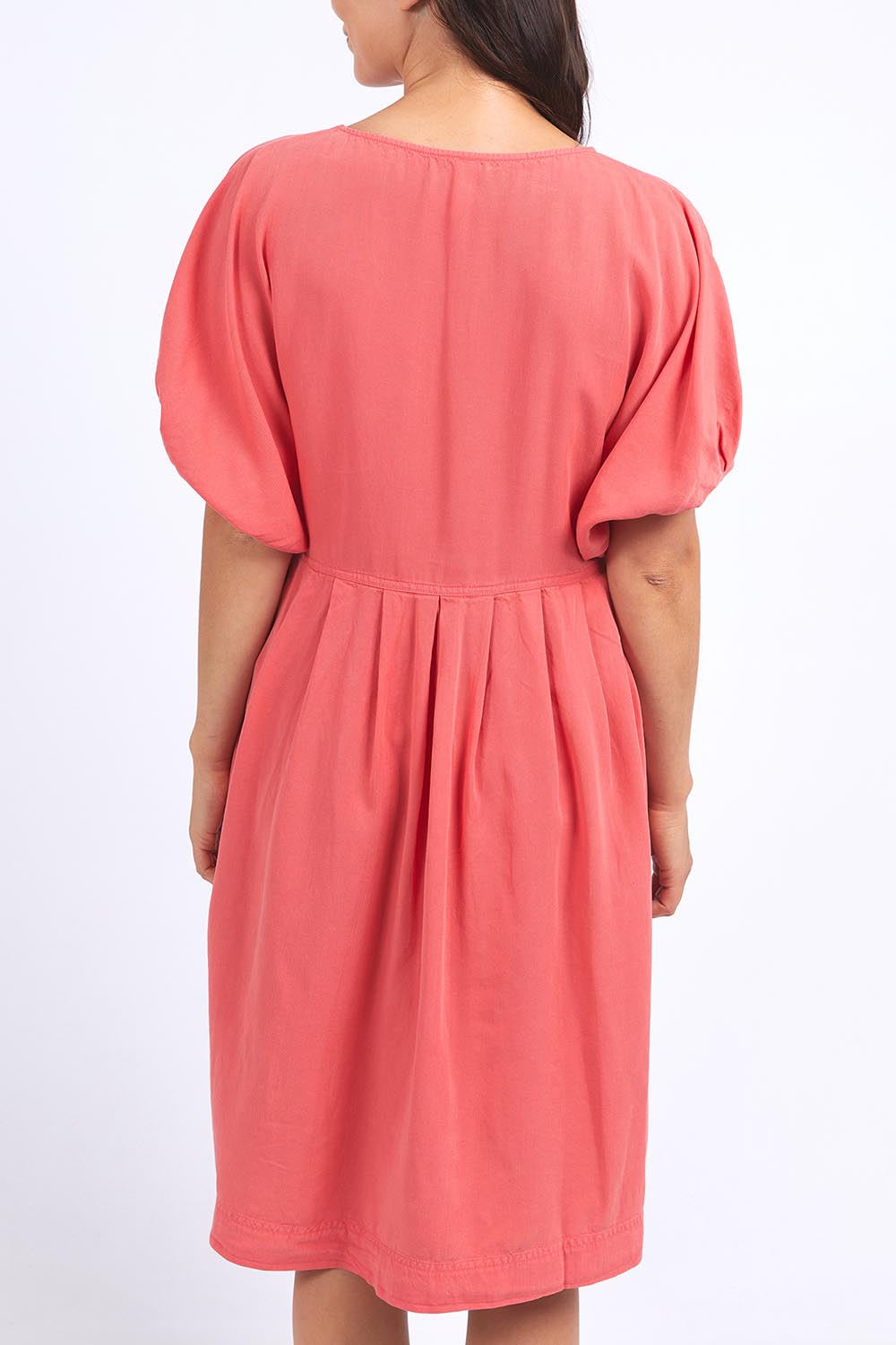 A model wearing the Bliss Relaxed Lyocell Linen Dress in colour Watermelon (Pink), from the back