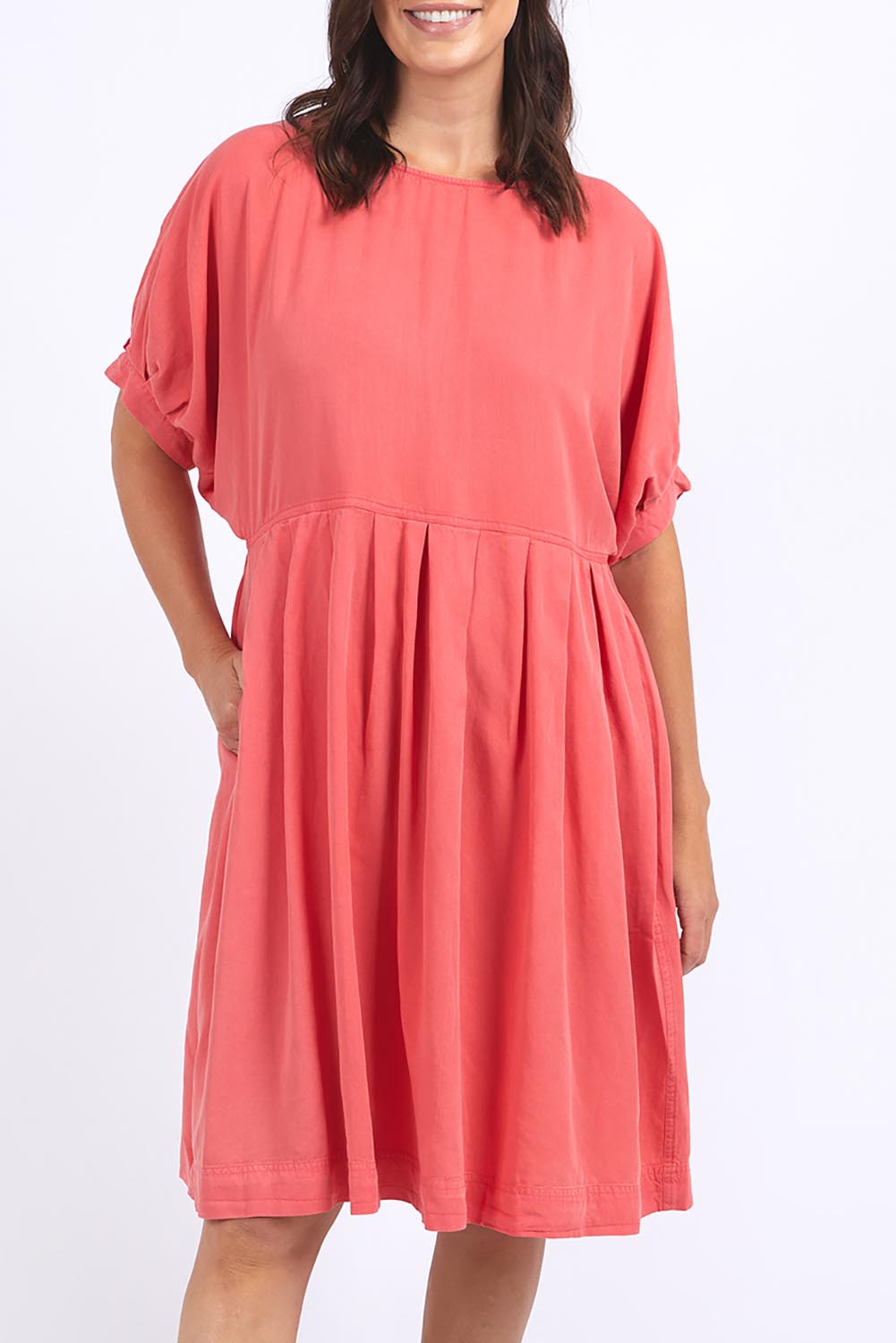 A model wearing the Bliss Relaxed Lyocell Linen Dress in colour Watermelon (Pink), from the front, cropped image