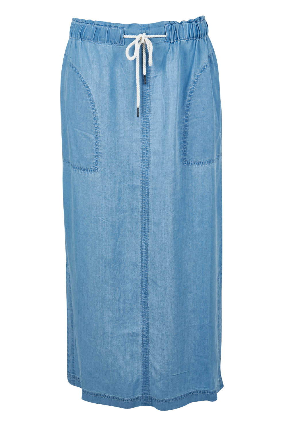 Product shot of the Penny Chambray Utility Skirt in colour Midblue (Blue), from the front