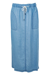 Product shot of the Penny Chambray Utility Skirt in colour Midblue (Blue), from the front