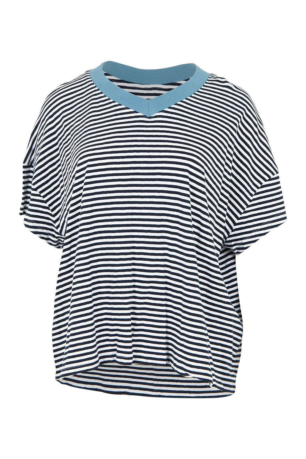 Product shot of the Liv Cotton Linen Vee Tee in colour Navywhite (Blue), from the front
