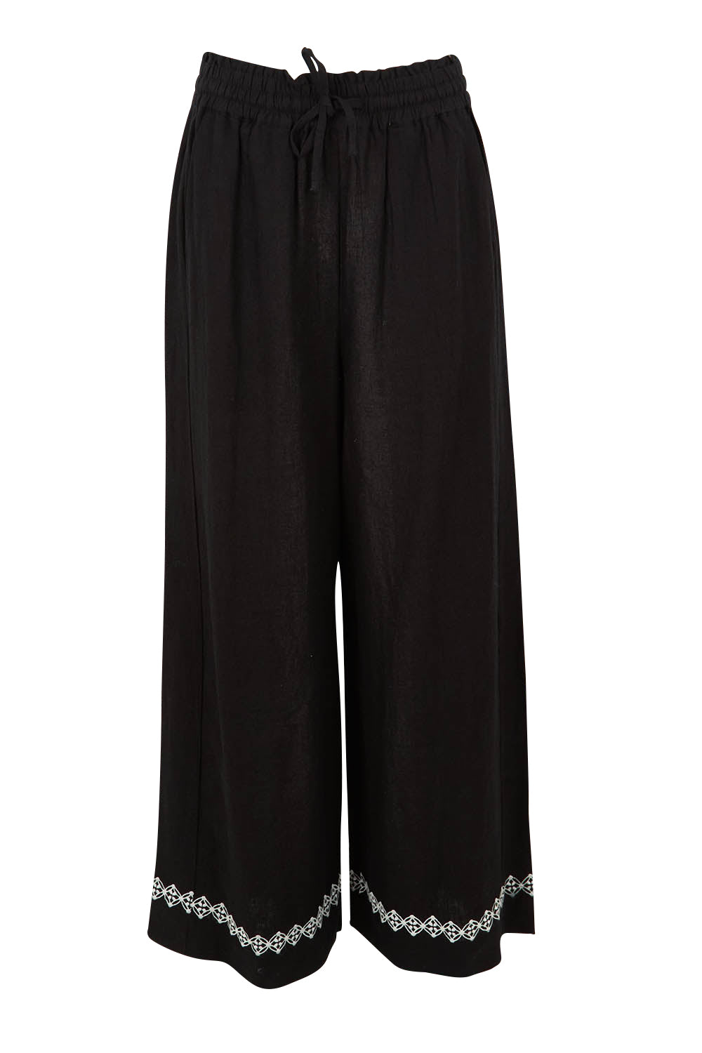 Product shot of the Nina Embroidered Pant in colour Black (Black), from the front