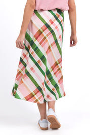 A model wearing the Bree Check Linen Blend Skirt in colour Multicheck, from the back