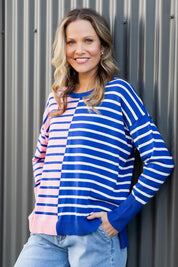 A model wearing the Louise Spliced Cotton Knit in colour Deepbluepn, from the front, showing the whole outfit