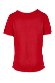 Product shot of the Camellia Short Sleeve Cotton Knit in colour Cranberry (Red), from the back