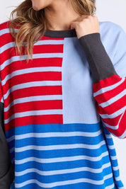 A model wearing the Effie Mixed Knit in colour Cranchar, from the front, cropped image