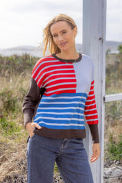 A model wearing the Effie Mixed Knit in colour Cranchar, from the front, showing the whole outfit