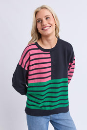 A model wearing the Effie Mixed Knit in colour Pinkturq, from the front, cropped image