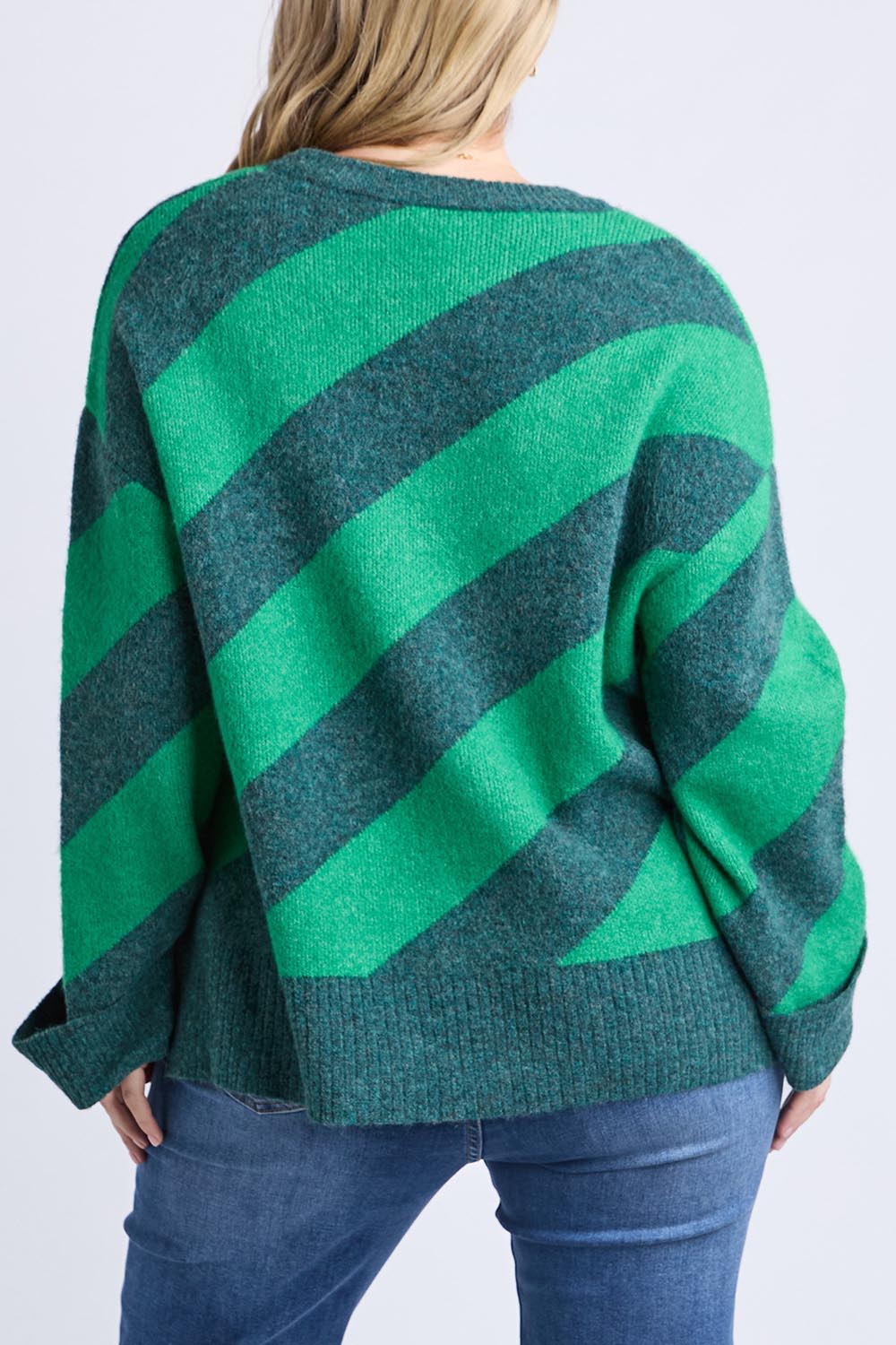 A model wearing the Sage Diagonal Stripe Knit in colour Turquoise (Green), from the back