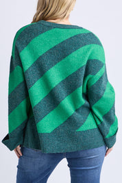 A model wearing the Sage Diagonal Stripe Knit in colour Turquoise (Green), from the back