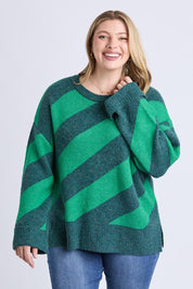 A model wearing the Sage Diagonal Stripe Knit in colour Turquoise (Green), from the front, cropped image
