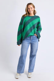 A model wearing the Sage Diagonal Stripe Knit in colour Turquoise (Green), from the front, showing the whole outfit