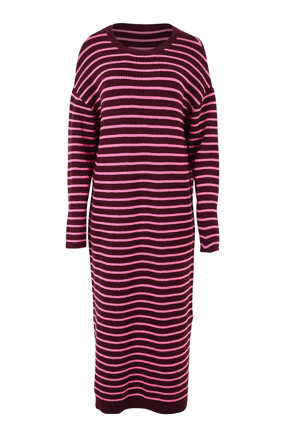 Product shot of the Tess Stripe Cashmere Blend Knit Dress in colour Merlotpink, from the front