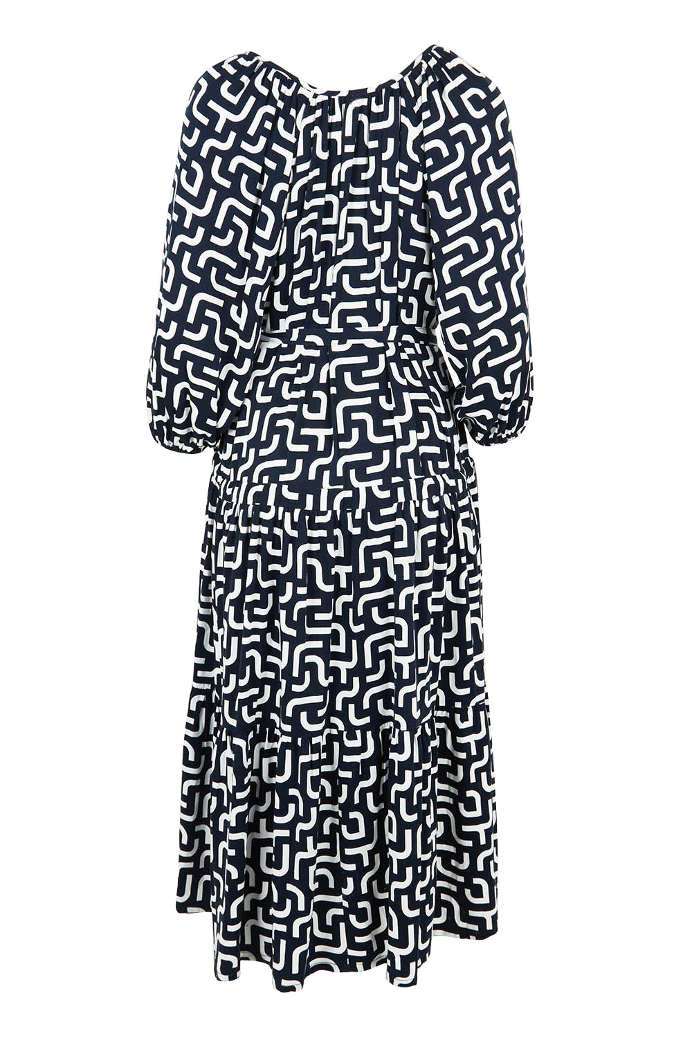 Product shot of the Gemma Geo Dress in colour Navygeo (Blue), from the back