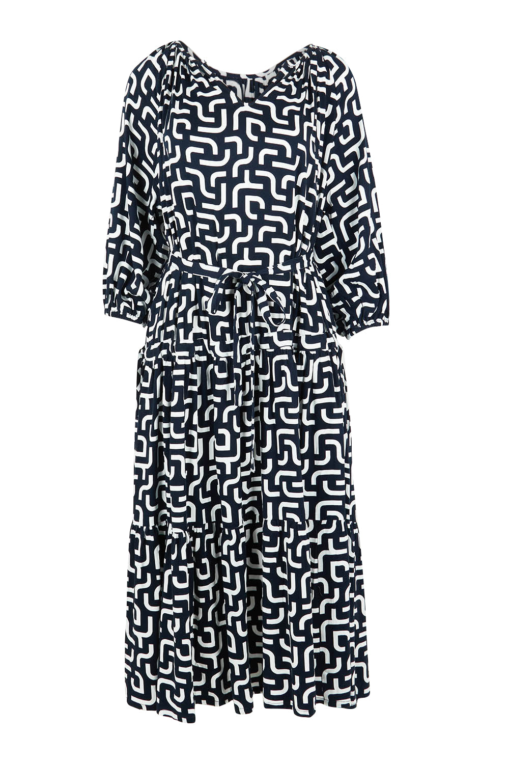 Product shot of the Gemma Geo Dress in colour Navygeo (Blue), from the front