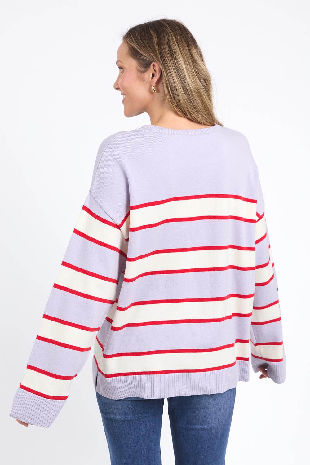 A model wearing the Joni Stripe Cashmere Blend Knit in colour Lilacpoppy, from the back