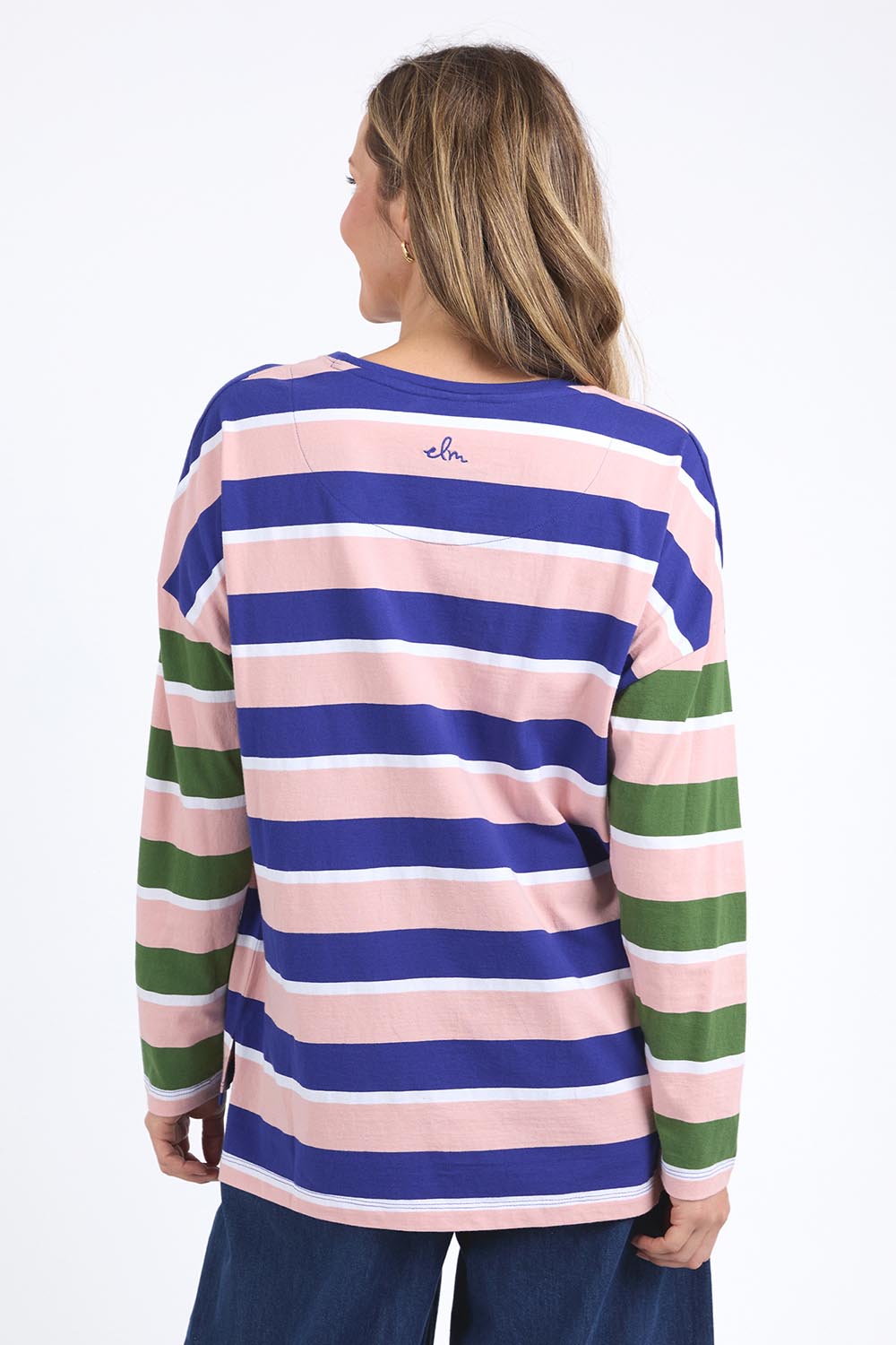 A model wearing the Ribbon Long Sleeve Cotton Tee in colour Pinkblue, from the back