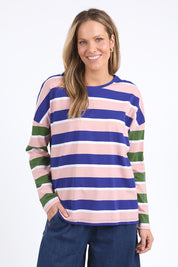 A model wearing the Ribbon Long Sleeve Cotton Tee in colour Pinkblue, from the front, cropped image
