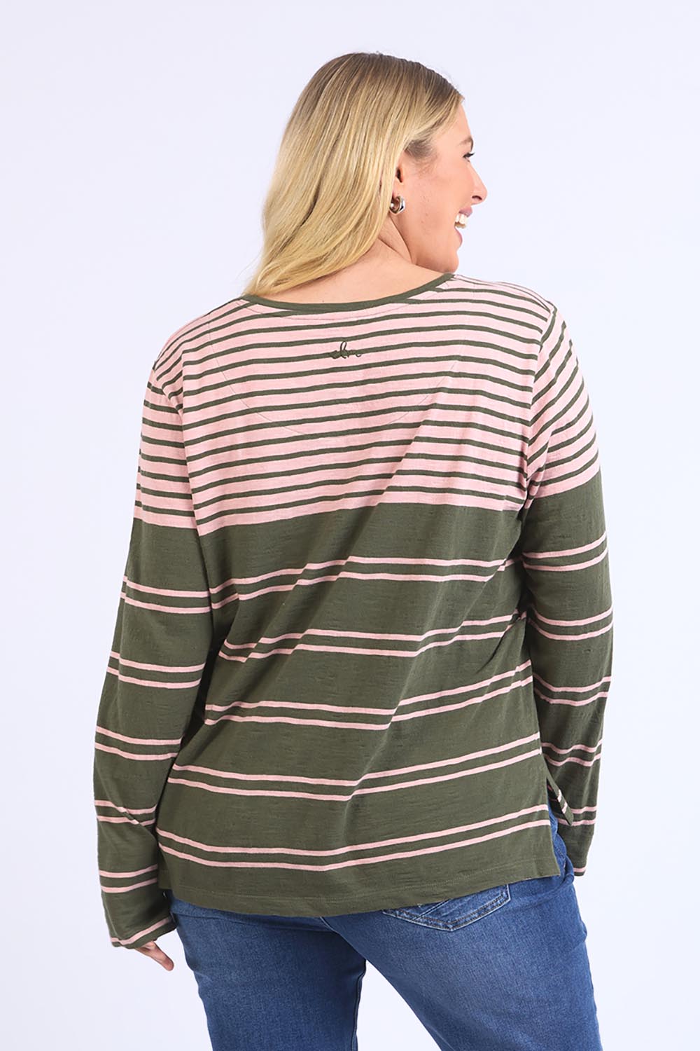 A model wearing the Lexa Stripe Long Sleeve Cotton Tee in colour Cloverpink, from the back