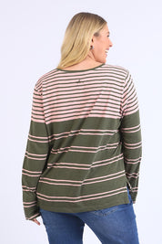 A model wearing the Lexa Stripe Long Sleeve Cotton Tee in colour Cloverpink, from the back