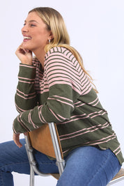 A model wearing the Lexa Stripe Long Sleeve Cotton Tee in colour Cloverpink, from the front, cropped image