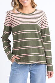 A model wearing the Lexa Stripe Long Sleeve Cotton Tee in colour Cloverpink, from the front, cropped image