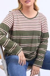 A model wearing the Lexa Stripe Long Sleeve Cotton Tee in colour Cloverpink, from the front, cropped image