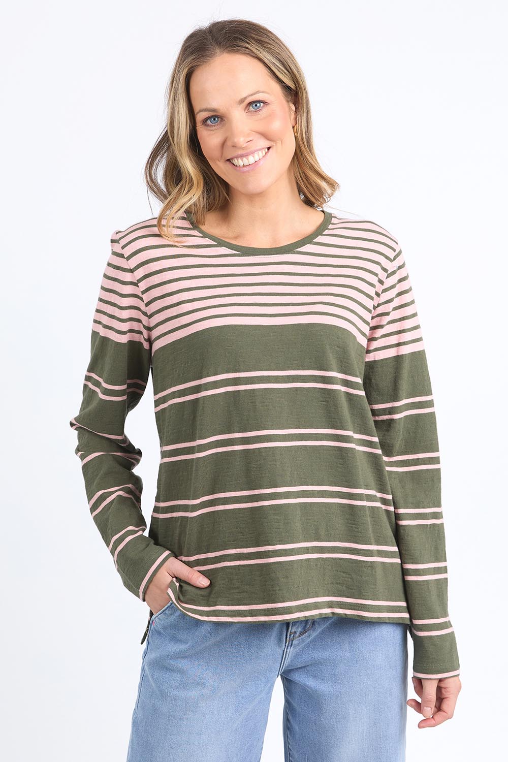 A model wearing the Lexa Stripe Long Sleeve Cotton Tee in colour Cloverpink, from the front, cropped image