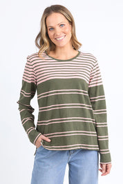 A model wearing the Lexa Stripe Long Sleeve Cotton Tee in colour Cloverpink, from the front, cropped image