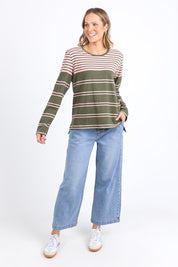 A model wearing the Lexa Stripe Long Sleeve Cotton Tee in colour Cloverpink, from the front, showing the whole outfit
