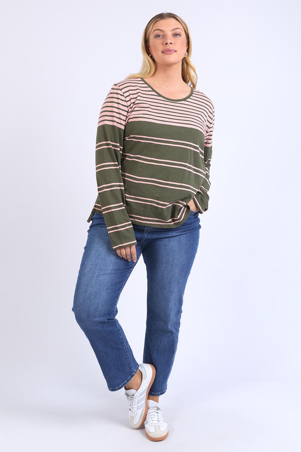 A model wearing the Lexa Stripe Long Sleeve Cotton Tee in colour Cloverpink, from the front, showing the whole outfit