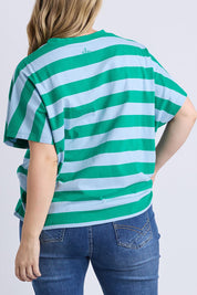 A model wearing the Poet Cotton Tee in colour Greenblue, from the back