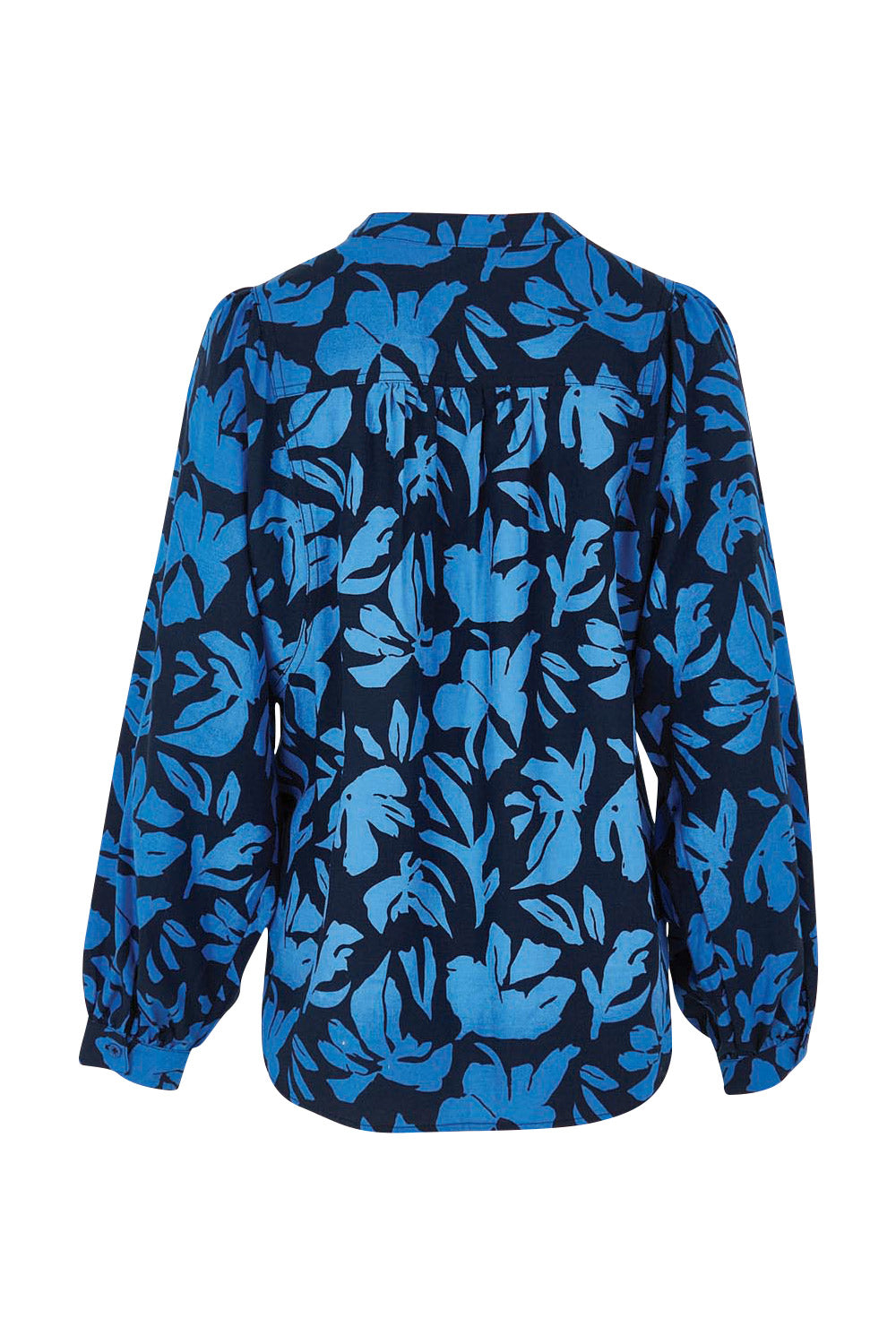 Product shot of the Riley Lyocell Linen Blouse in colour Print (Blue), from the back